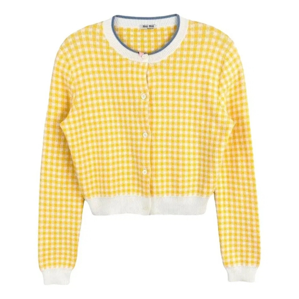 Miu Miu Yellow And White Gingham Cropped Cardigan